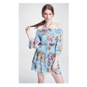 Alice + Olivia Waylon Floral Dress Size 8 Icy Aqua Off Shoulder